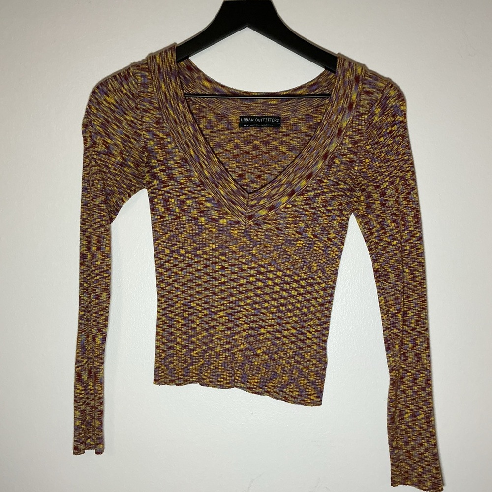 Urban Outfitters Maroon and Yellow Knit V-Neck Top
